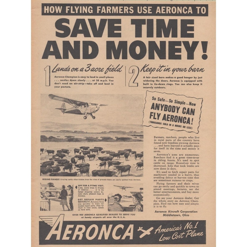 1946 Aeronca Airplane Vintage Print Ad Farm Aviation Ranch Plane Middletown OH